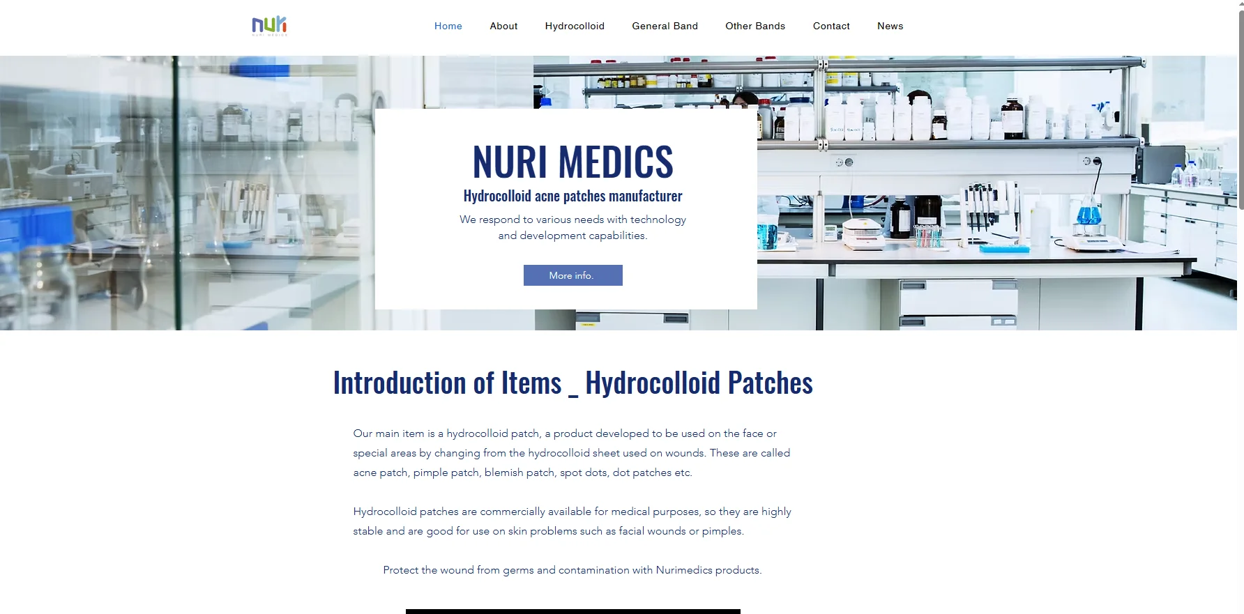 Laboratory setting with shelves of medical containers and equipment, highlighting Nuri Medics as a hydrocolloid patches manufacturer.